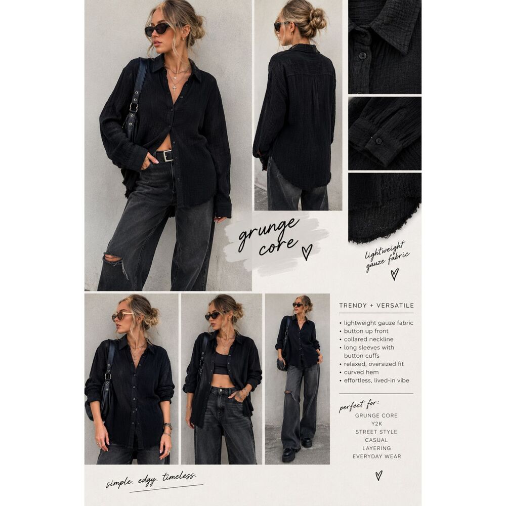 Urban Outfitters Black Gauze Button Up Top Small Distressed Long Sleeve Collared